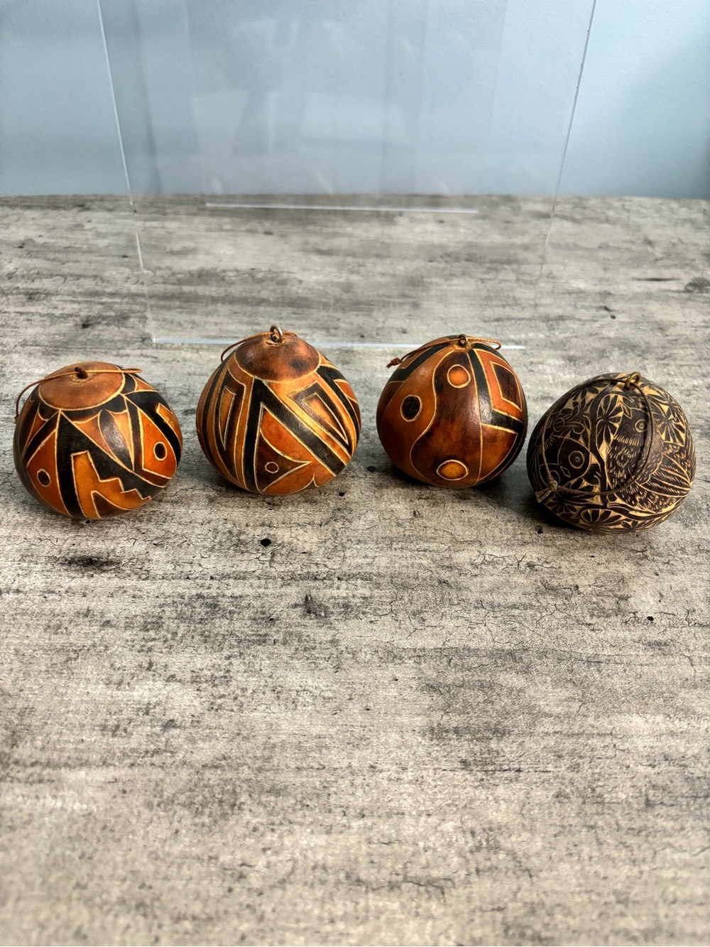 Peruvian Gourd Folk Art Decorative Handmade Carved Burned Ornaments Set Of 4